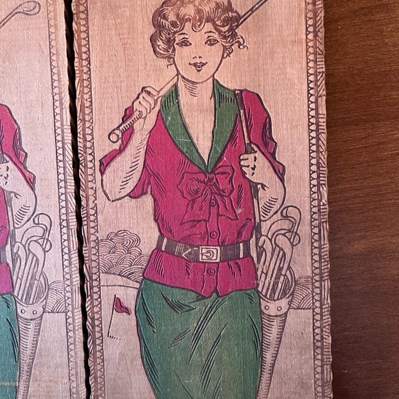 Set Victorian Wooden Pyrography box Keepsake box Woman Golf VTG handkerchiefs - Picture 5 of 8